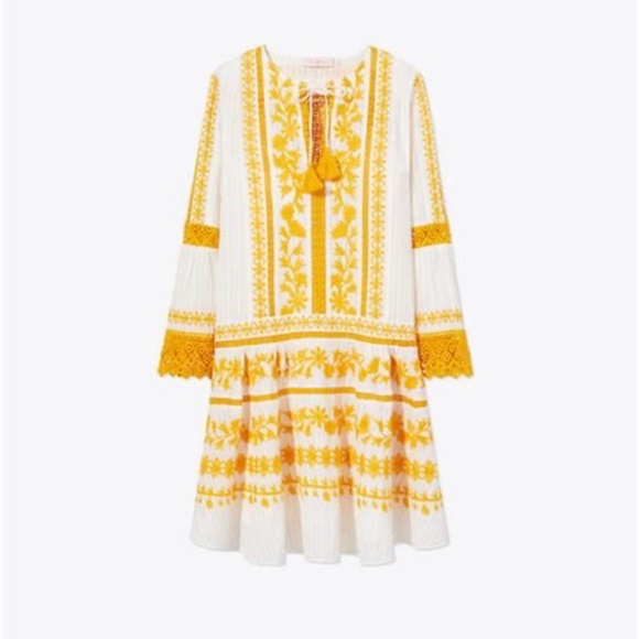 Tory Burch Gabriella Embroidered Dress White Yellow Boho‎ Size 10 - Picture 10 of 10